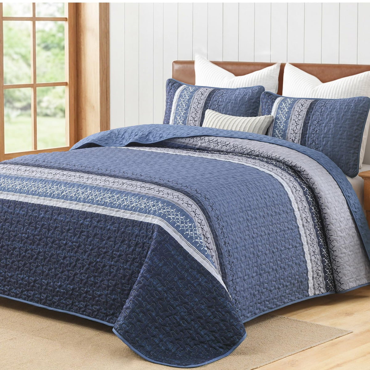 Quilt Bedding Set, Navy Blue Patchwork Striped Bedspread
