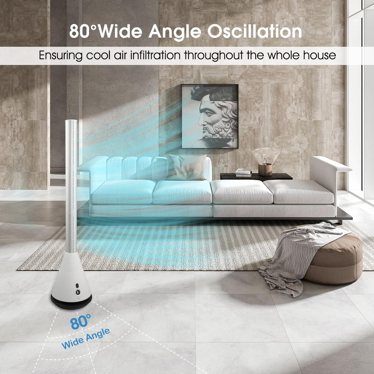 Bladeless Tower Fan with Remote, 80° Oscillating Air Circulator Fan, 9 Speeds, 8H Timer, Floor Fan Bedroom, Kitchen