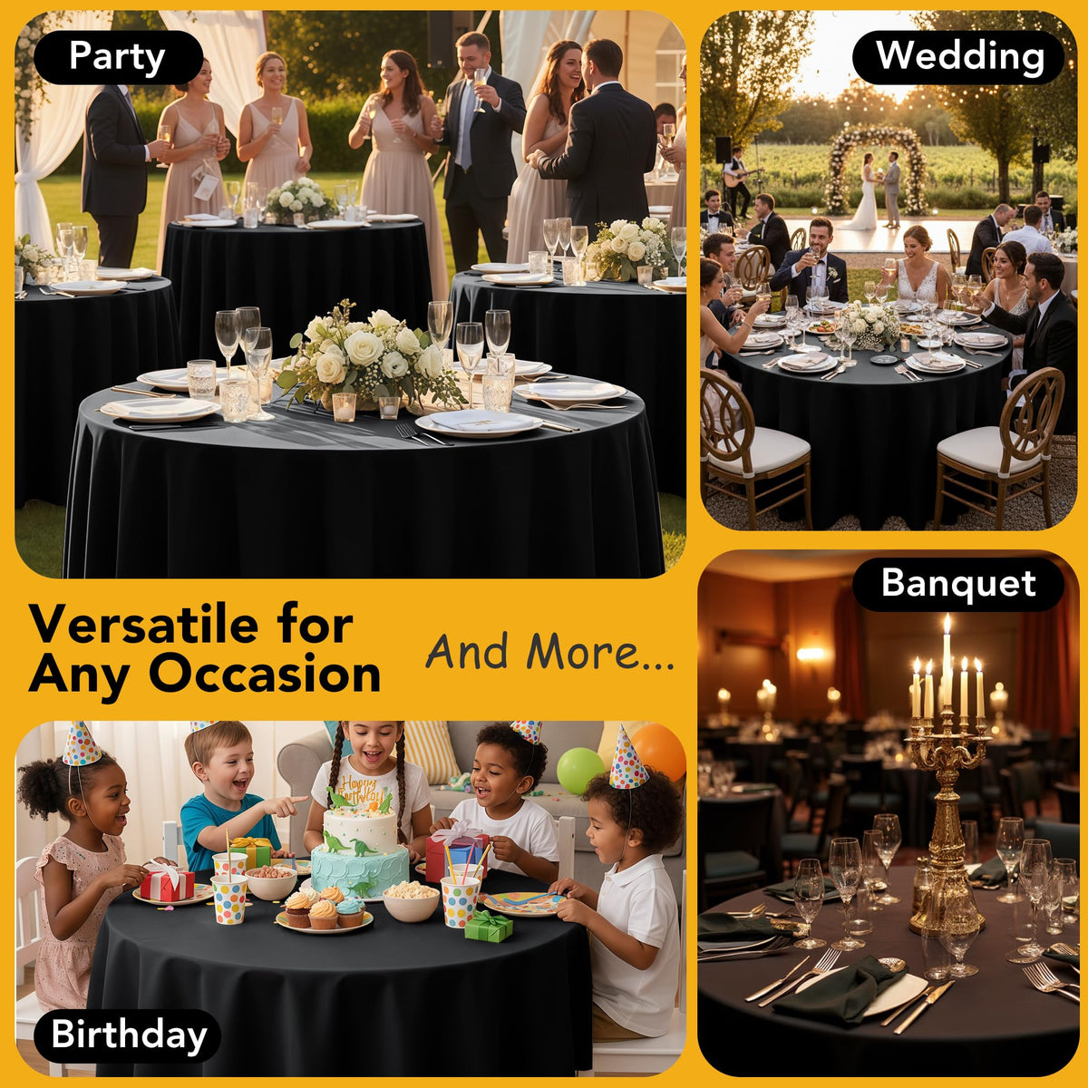 6-Pack Black Round Tablecloths, 120 in, for 5-6 Ft Round Tables