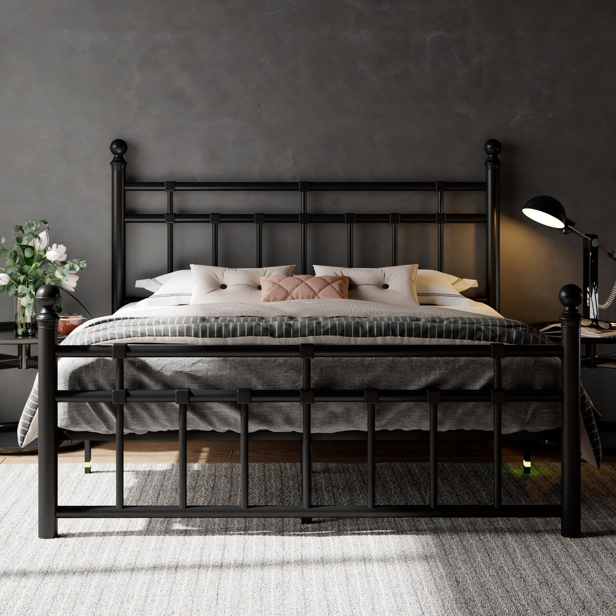 Metal Platform Bed Frame with Victorian Classic Iron-Art Headboard & Footboard, Steel Slats Support, 12" Under