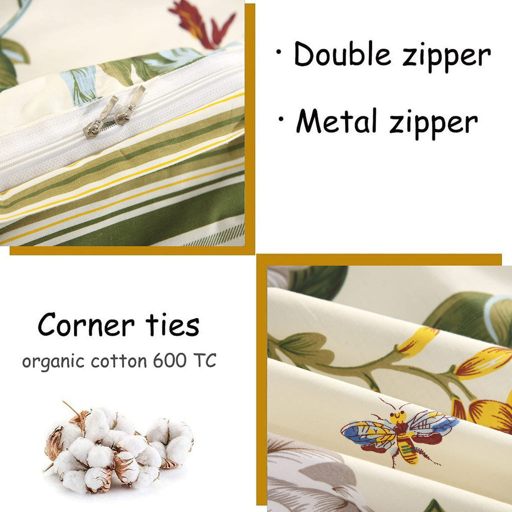 Floral Duvet Cover Set 100% Cotton Green and Beige Striped Shabby Flower Bedding Branches Botanical Printed