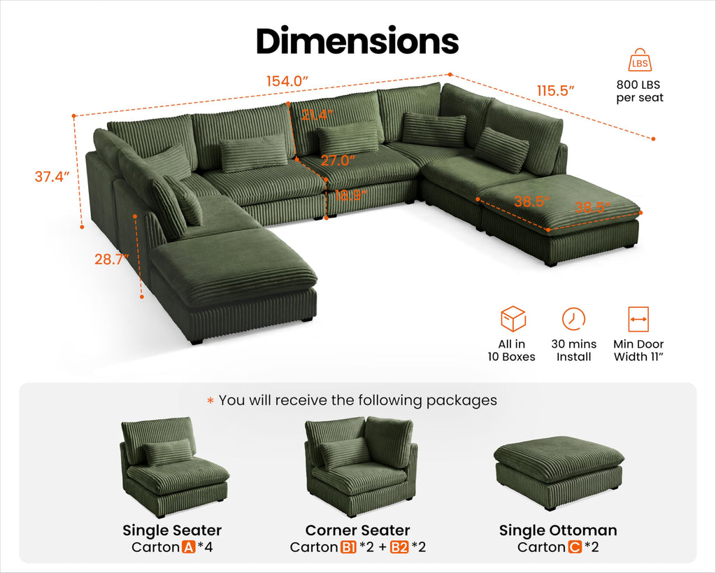 154" Oversize Corduroy Modular Sectional Sofa Couches, Green