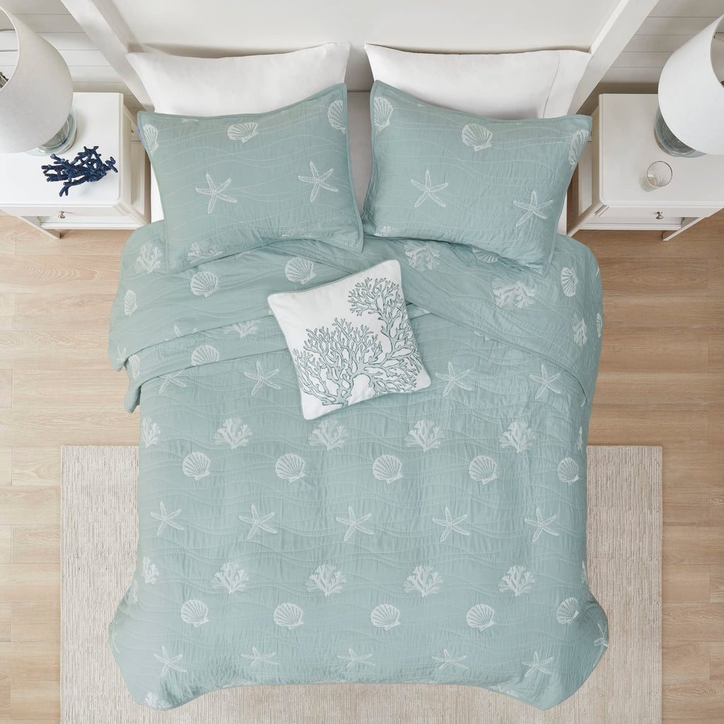 Seaside Reversible Cotton Quilt Set Coastal Clam, Starfish, Coral Embroidery, All Season, Pre-Washed Coverlet Bedding