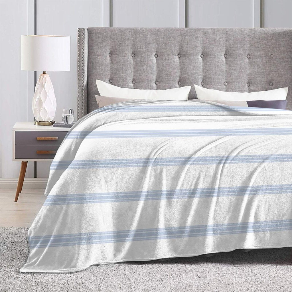Vintage French Ticking Stripe Pattern Blue White Reversible Flannel Throw Blanket - Ultra Soft Lightweight 40"X30"