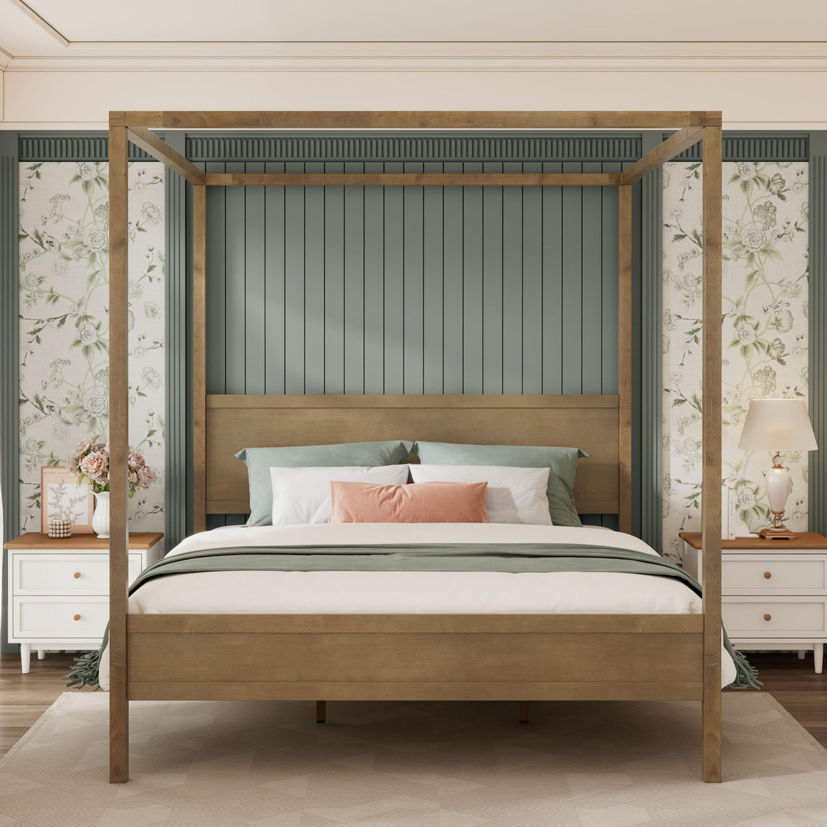 Canopy Bed Frame with Headboard & 4 Posters, Antique Natural