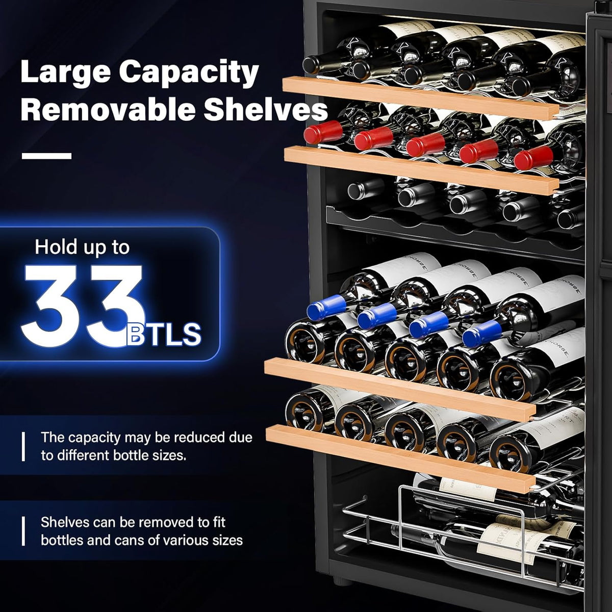 Dual Zone Beverage Cooler Refrigerator, 33 Bottle Chiller with Glass Door & Digital Temperature Control