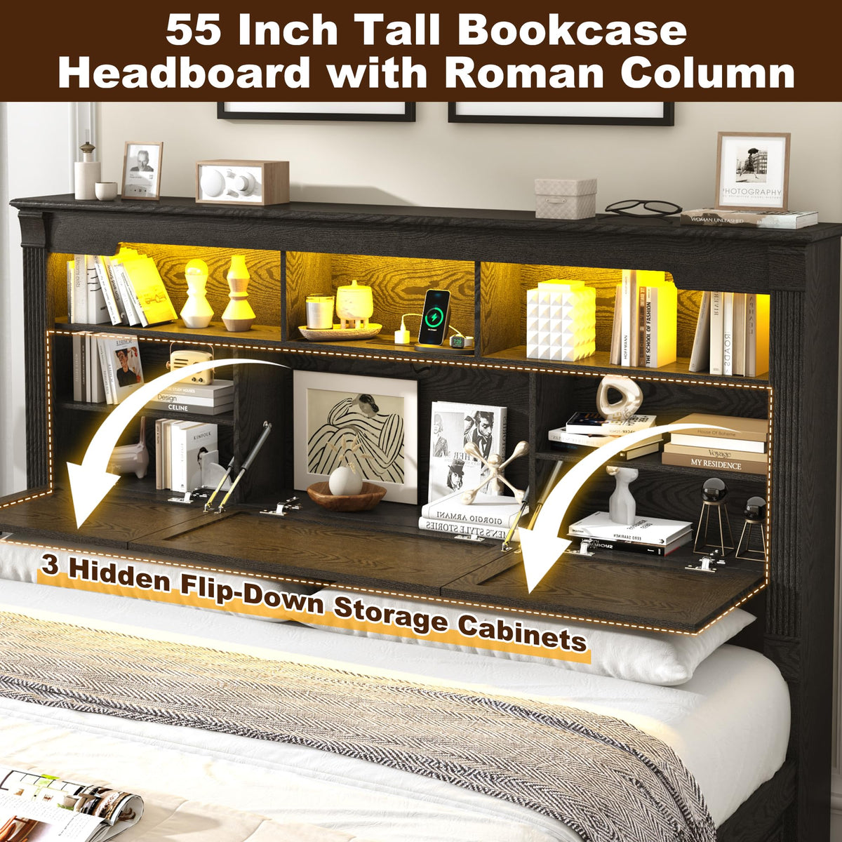 Farmhouse Bed Frame with 55" Tall Storage Headboard & 4 Drawers, Wood Roman Column Platform Bed Frame with
