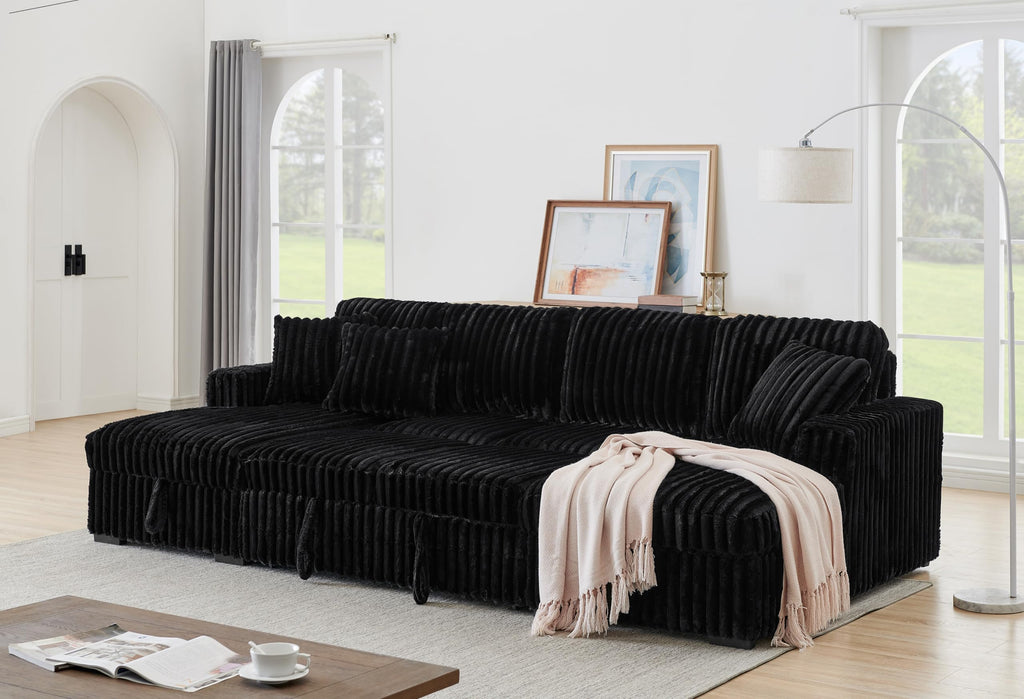 122" Sectional Sleeper Sofa, U Shaped, Black