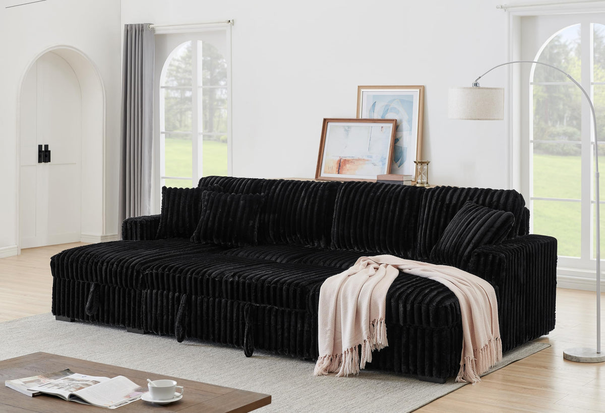 122" Sectional Sleeper Sofa, U Shaped, Black