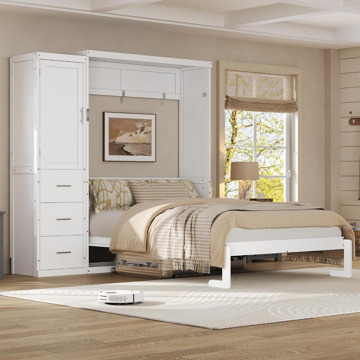 Full Murphy Bed with Wardrobe and Drawers, Space-Saving Wall Bed Frame with Storage Cabinet, Foldable Platform Bed
