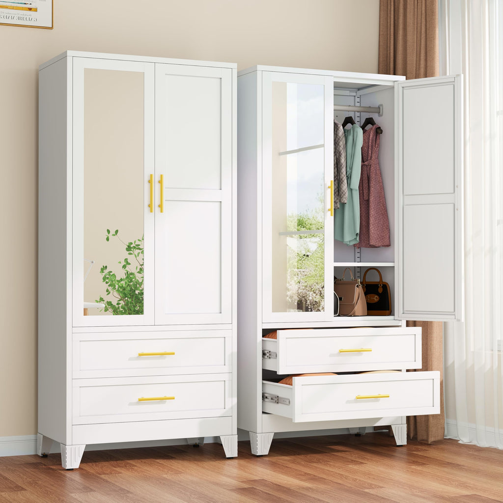 Metal Armoire Wardrobe, 71" Tall Bedroom Closet with Mirror and 2 Drawers