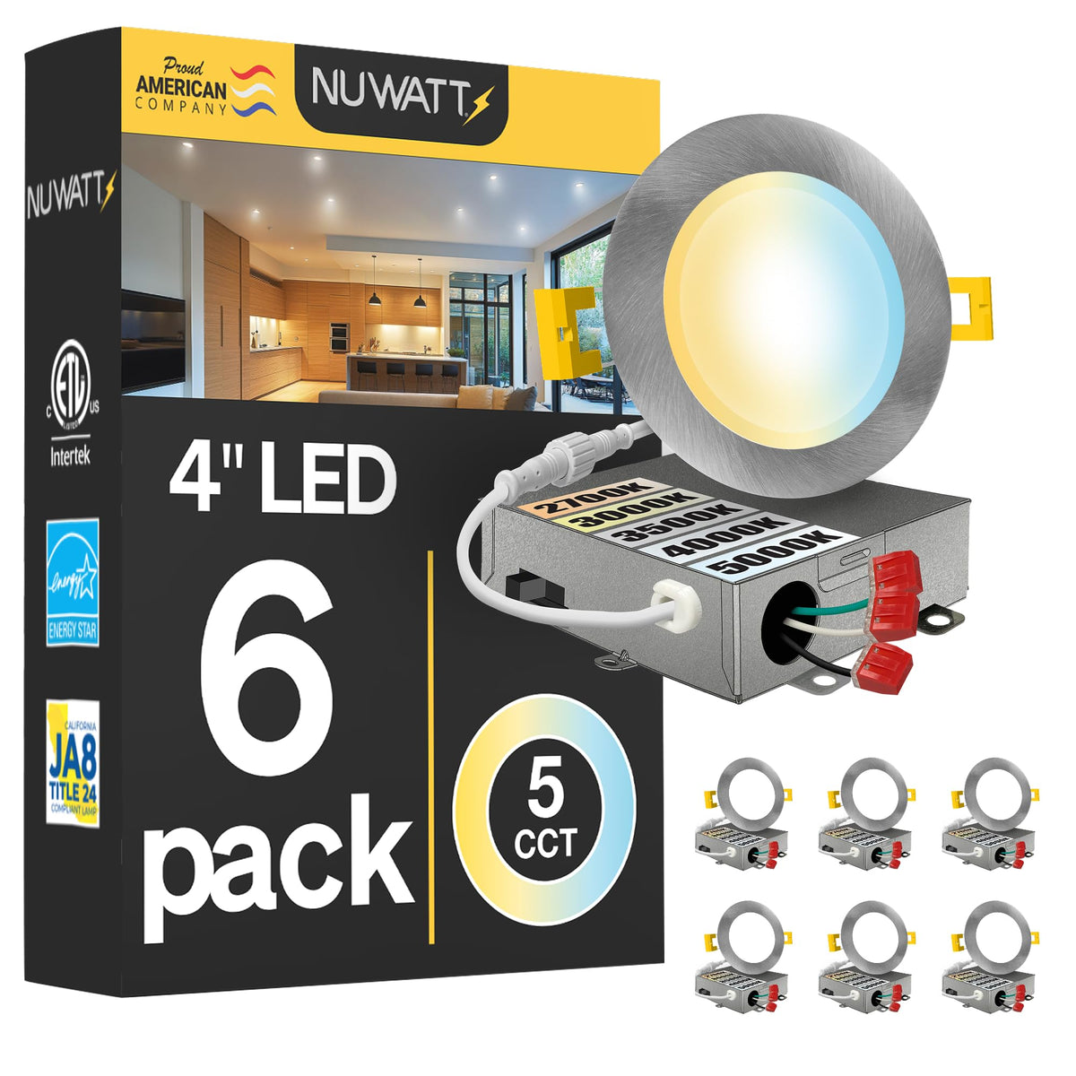 4 Inch Canless Brushed Nickel Recessed Lights 2700K-5000K, ETL, 6 PK