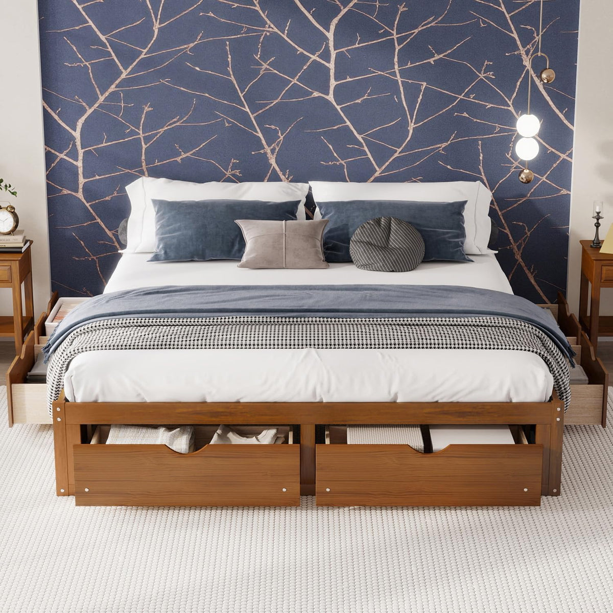 Japanese Low Solid Platform Bed Frame (Walnut, King)