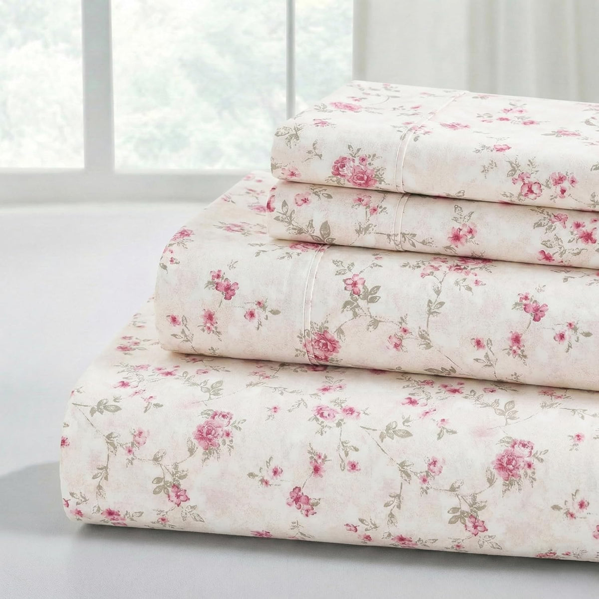 Printed 4-Piece Extra Soft Bedding Sheets & Pillowcase Set, Deep Pocket up to 16 inch Mattress Kashmir Rose Cal King