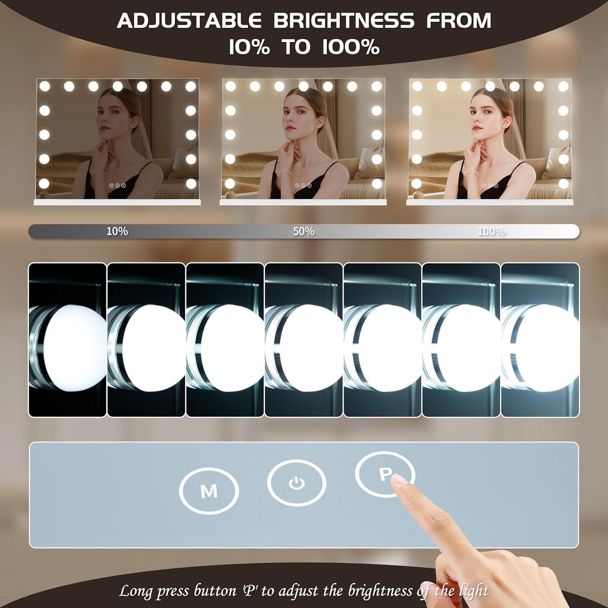 Vanity Mirror with Lights Lighted Makeup Mirror with 15 Dimmable LED Bulbs,3 Color Lighting Modes,USB Charging Port