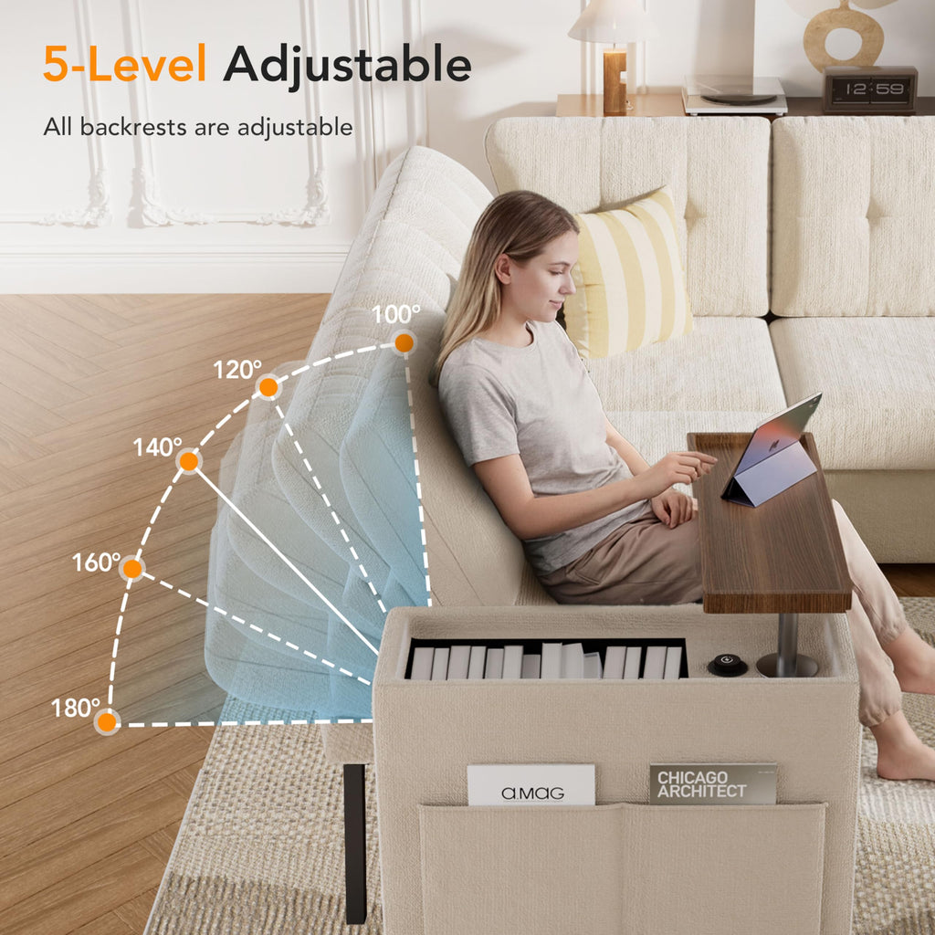 112" Modular Sectional Sleeper Sofa with Pull Out Bed, Chenille Modern 7 Seat L Shaped Couch with Reclining