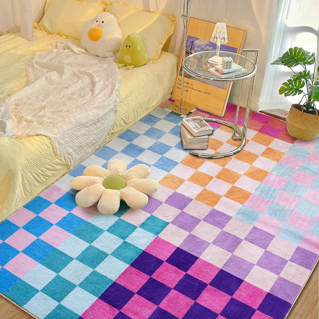 Multicolored Checkerboard Washable Rug Ultra Thin Retro Aesthetic Funky Area Rugs Carpet for Living Dining Room