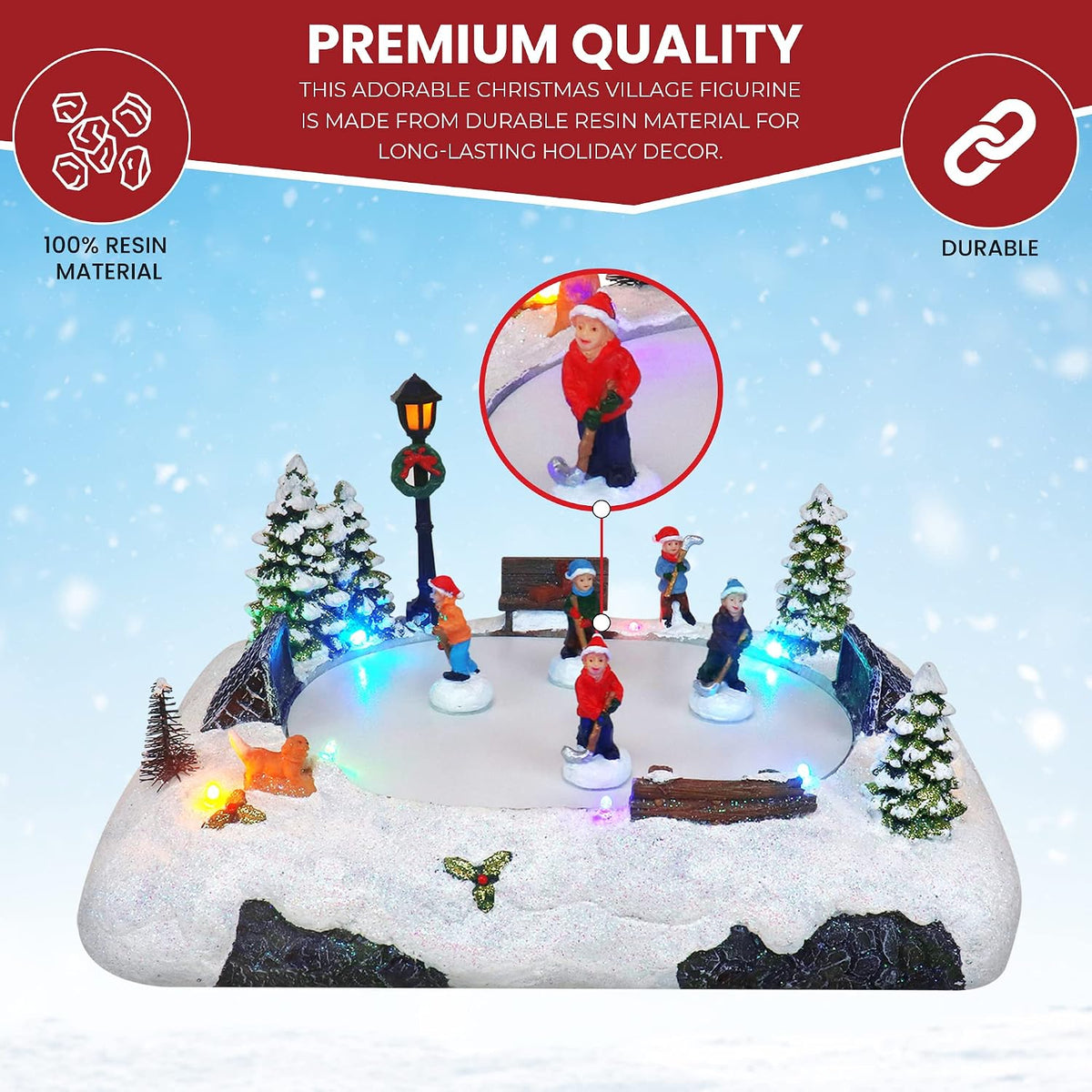Christmas Village Tabletop Hockey Skating Rink - Animated Musical Pre-lit Winter Snow Village - Perfect Addition to