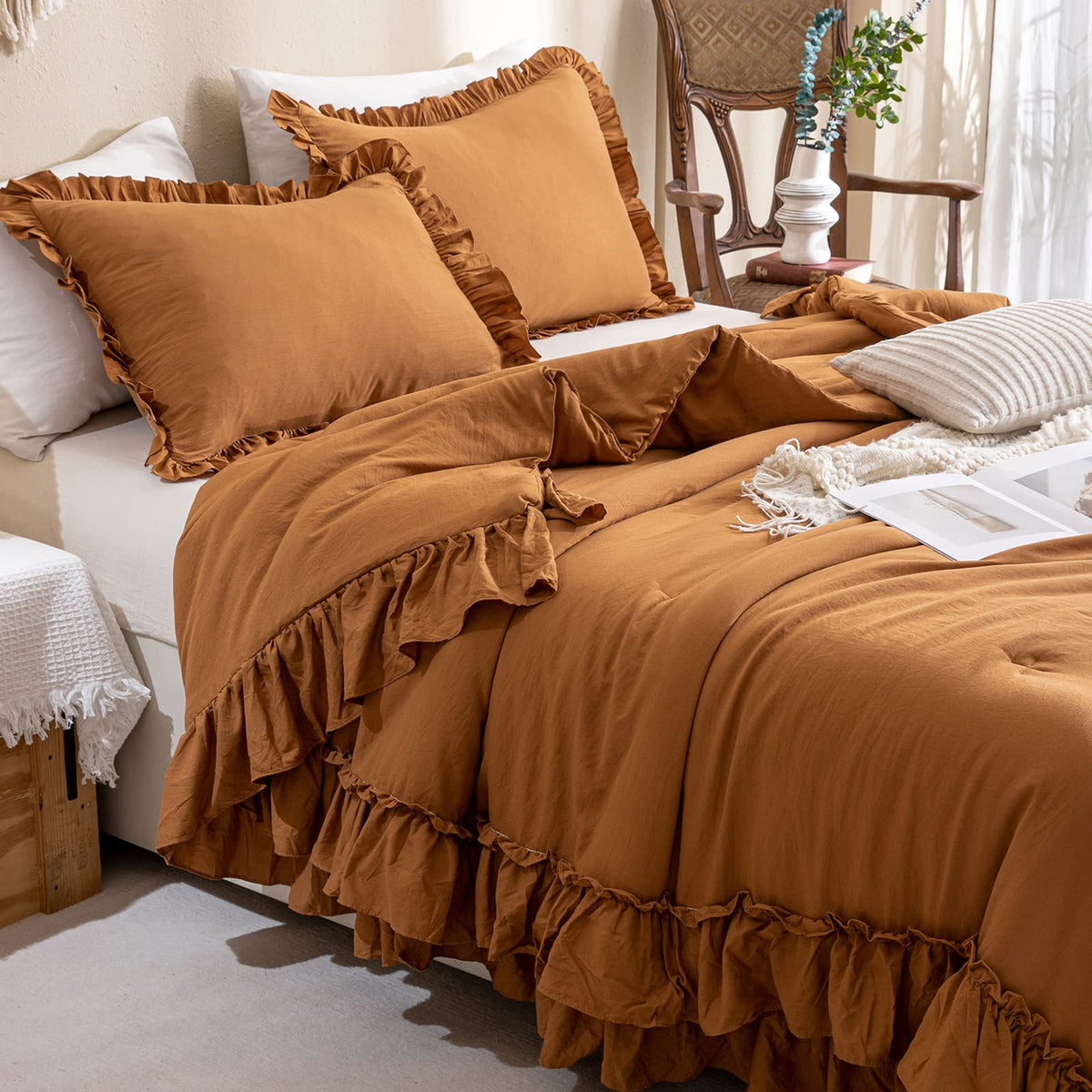 Pumpkin Color Ruffle Comforter Queen Size, Farmhouse Shabby Boho Chic Queen Bedding Comforter Set, 3pcs Ultra Soft