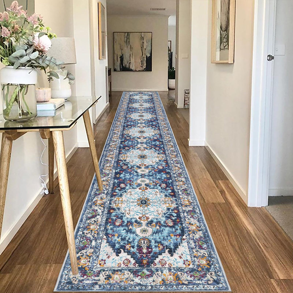 2'x14' Boho Hallway Runner Rug Non Slip Washable Runners, Blue