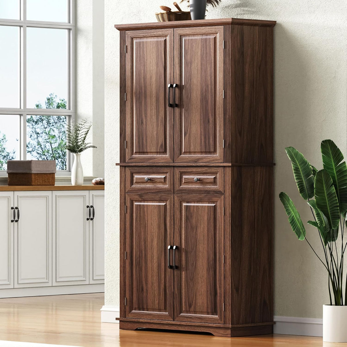 71" Tall Farmhouse Pantry Cabinet with Pull-Out Shelves, Brown | Farmhouse Pantry Cabinet, Pull-Out Organizers, Door