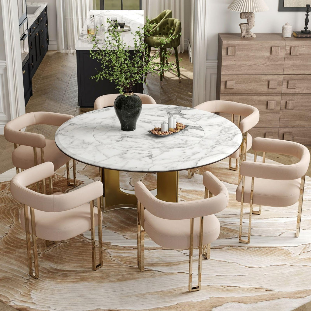 Velvet Dining Chairs Set of 6, Khaki Upholstered Barrel Armchairs with Gold Metal Legs Island, Mid Century Modern