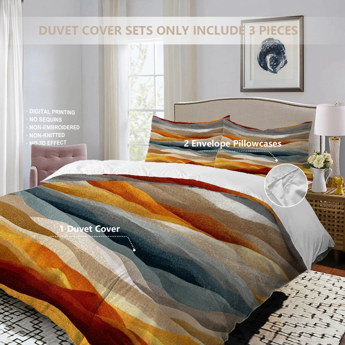 Horizontal Ochre Bands Duvet Cover Set, 3 Pieces Colorful Wave Like Landscape 100% Cotton Bedding Sets