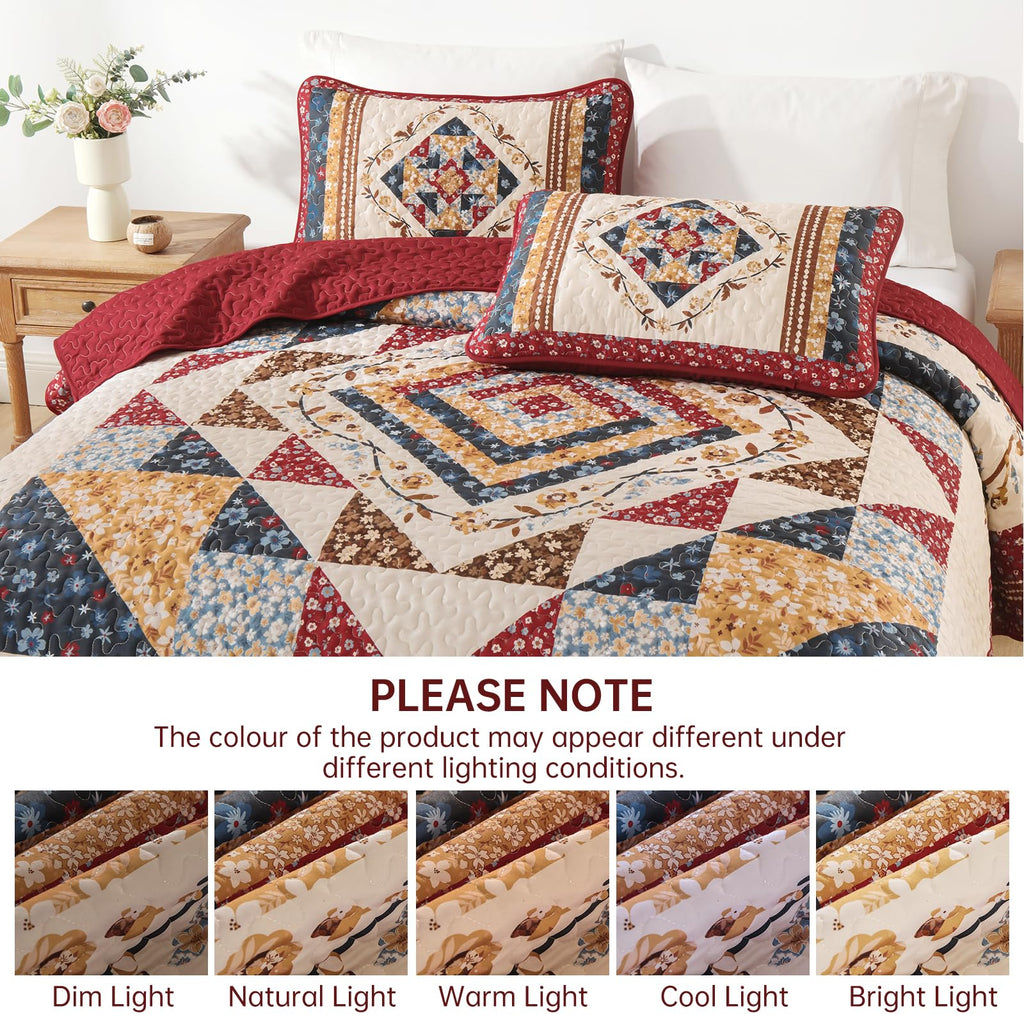 Patchwork Quilt Bedding Set, Red Farmhouse Floral Bedspread