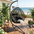 PE Rattan Hanging Egg Chair with Stand, Outdoor Folding Hammock Swing Chair Balcony Backyard Bedroom, Heavy Duty
