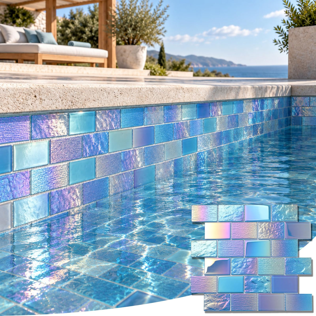 Pool Glass Mosaic Tiles, Iridescent Blue, 2x3 Inch Brick, 5 Sheets