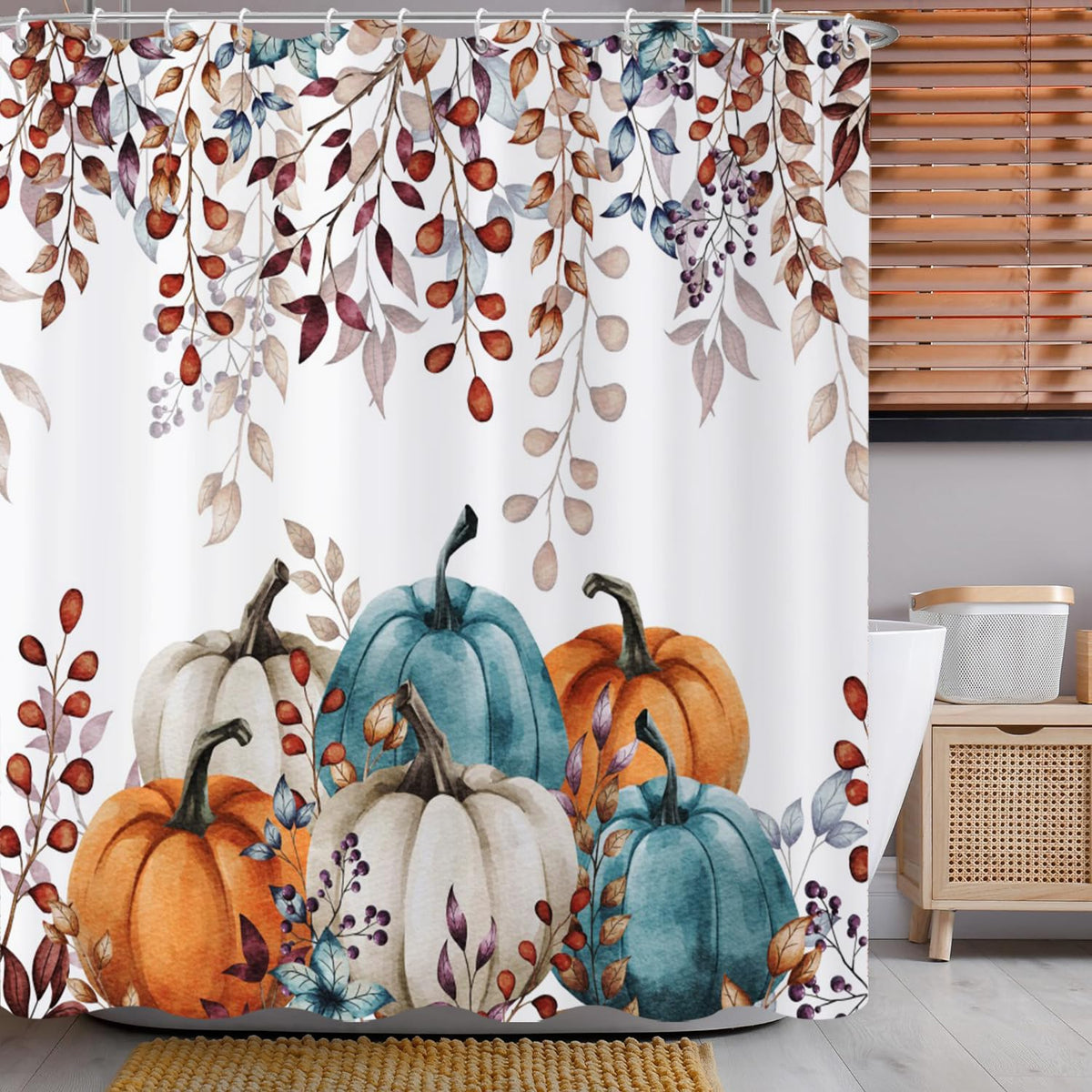 Fall Shower Curtain, Watercolor Autumn Leaves Pumpkins Harvest Fruits Thanksgiving Day Bathroom Curtain Waterproof