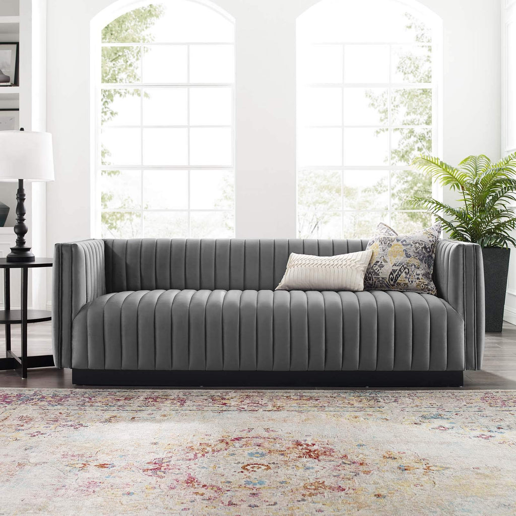 Conjure Channel Tufted Upholstered Performance Sofa in Gray