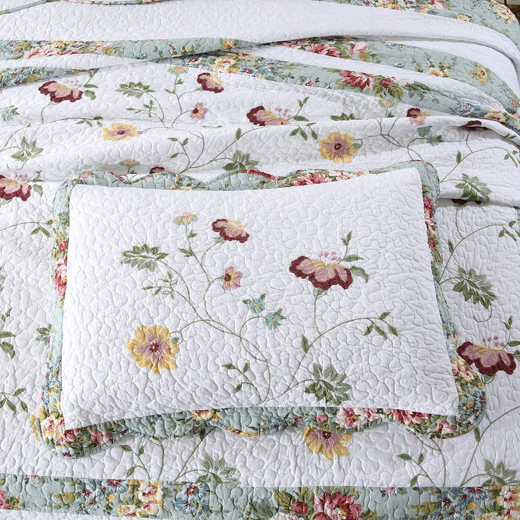 3-Piece Embroidered Floral Cotton Quilt Set Elegant Reversible Lightweight Soft Bedspread Coverlet with 2 Pillow