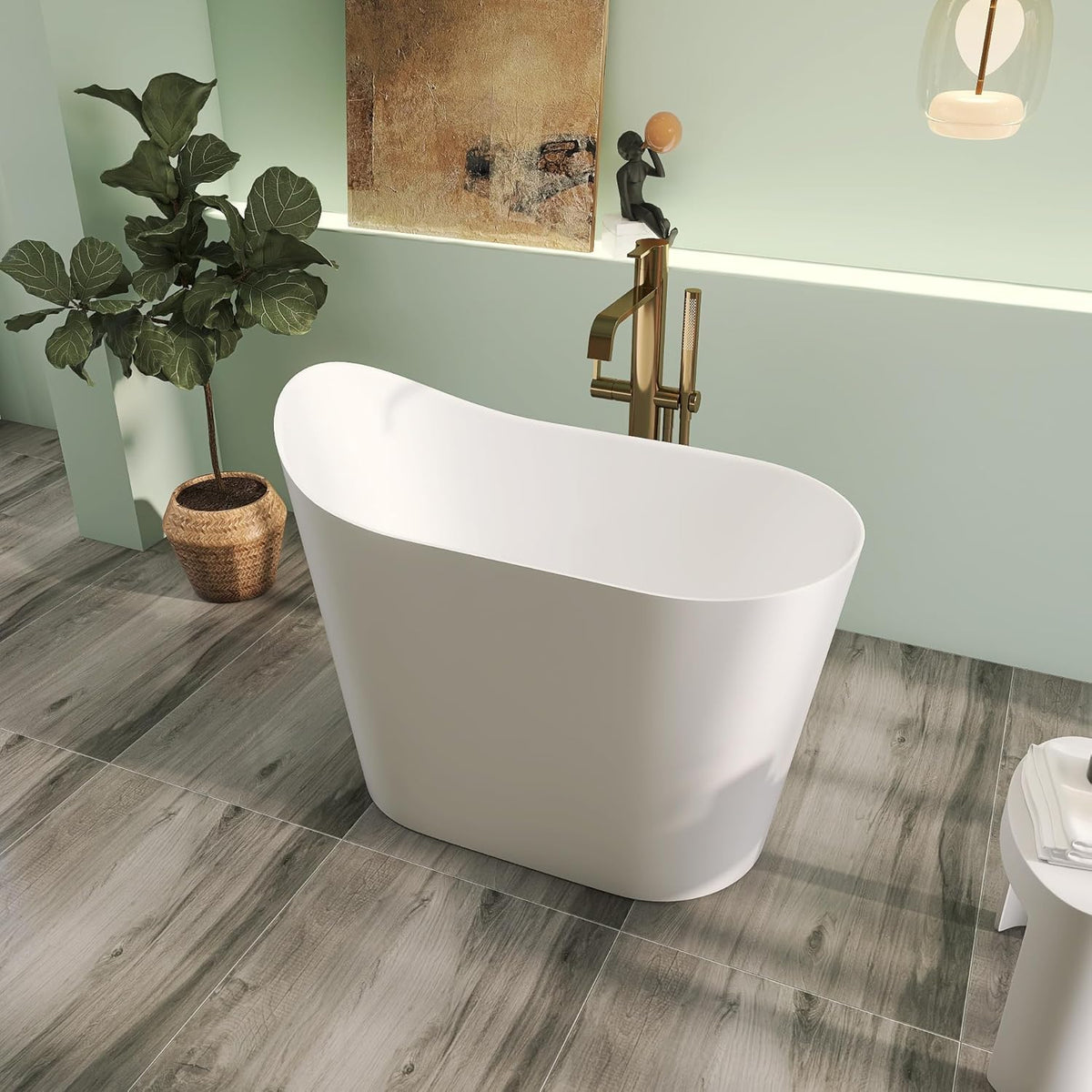 43" Premium Japanese Solid Surface Free Standing Bathtubs, Unique Small Matte White Stone Resin Soaking Tub with Pop-up Drain