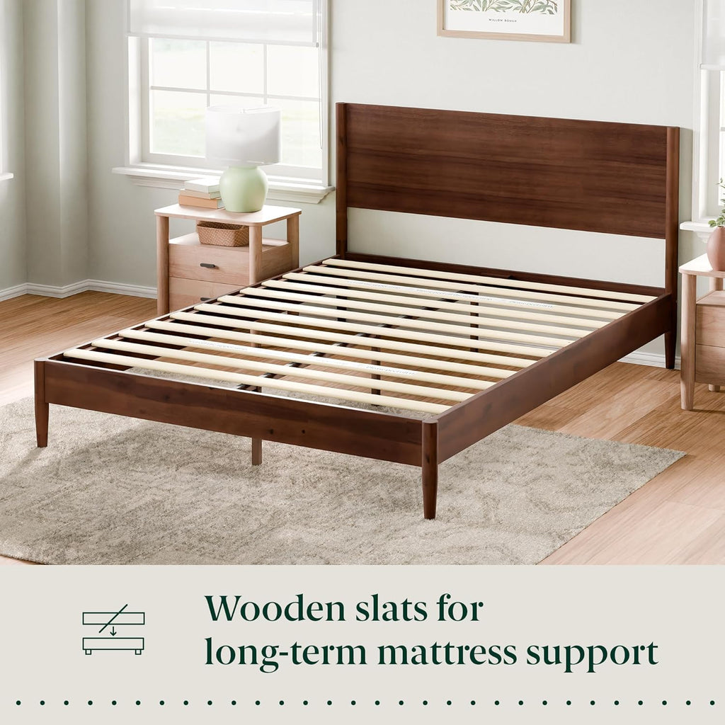 Mid-Century Modern Wood Platform Bed Frame with Headboard, Queen, Espresso