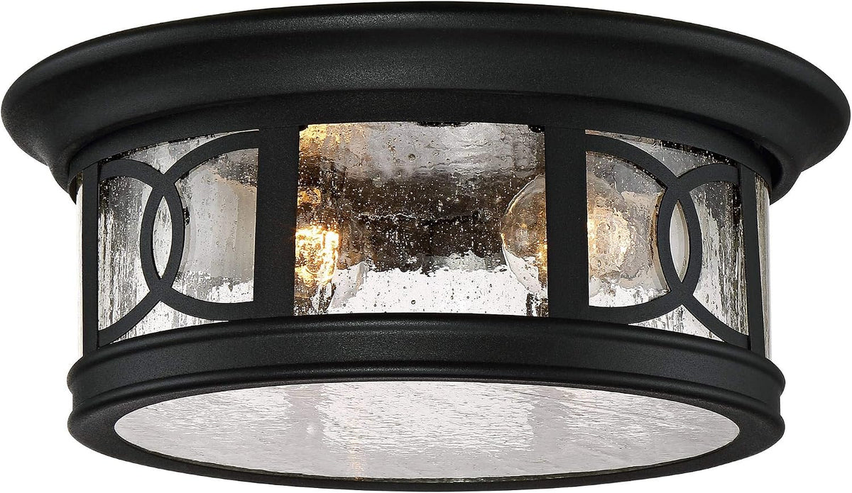 Capistrano Mission Flush-Mount Outdoor Ceiling Light Fixture Black 12" Seedy Glass Damp Rated for Exterior House