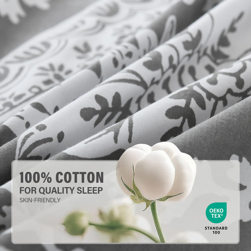Damask Duvet Cover Set, Gray White, 100% Cotton, 90"x90"