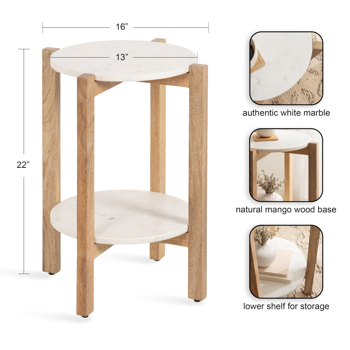 Inspired Saarinen Style Moxley Transitional Round Side Table; 16 x 16 x 22; White Marble and Natural Wood; Tiered Pedestal Table with