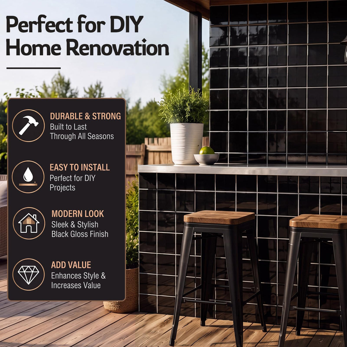 15 Pack Glossy Black Ceramic Wall Tiles, 4.25 x 4.25 Inch Square Subway Tile Thickness 8mm Backsplash, Bathroom