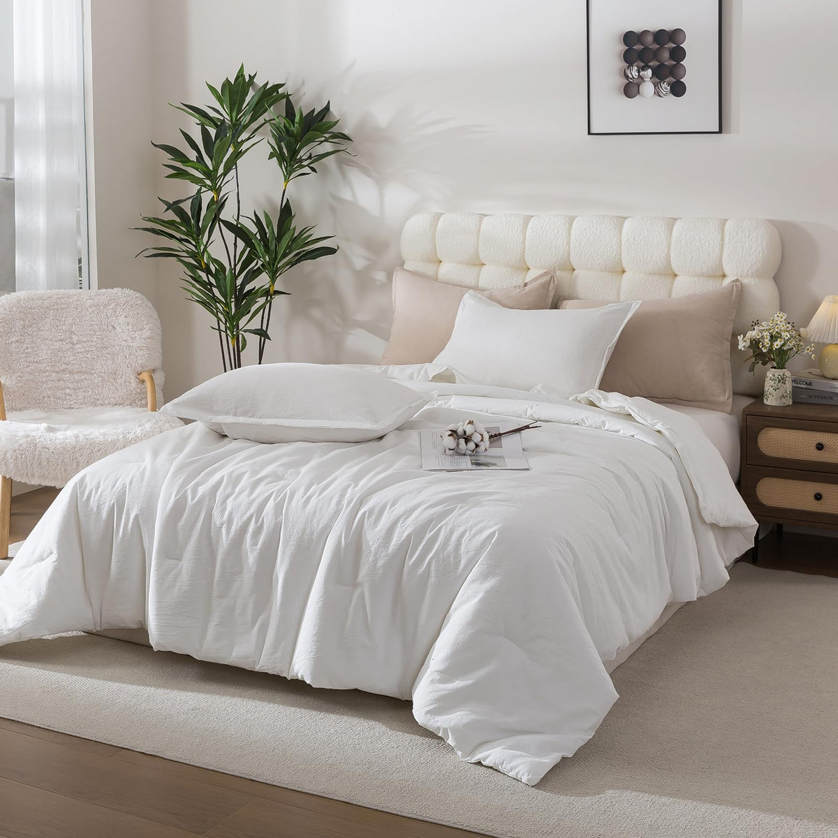 White Comforter Set Full Size, Cotton Fabric with Microfiber Inner Filling 3 Pieces Linen Like Bedding Set, Soft Boho