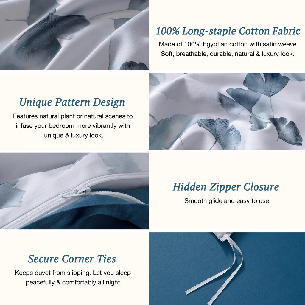 100% Long-Staple Cotton Duvet Cover Set Light Navy Ginkgo Leaf Pattern Printed Comforter Cover 3pcs, Ultra Soft &