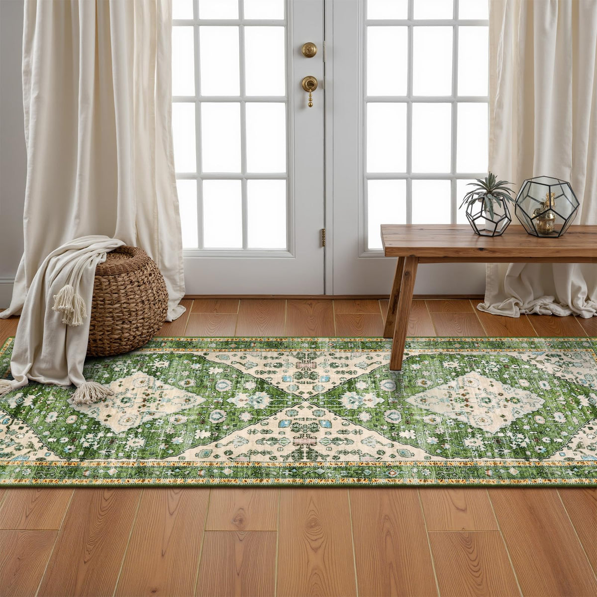 Felice Boho Runner Rugs 2x5 Green Kitchen Runner Rugs Non Skid Washable, Tribal Vintage Soft Machine Washable