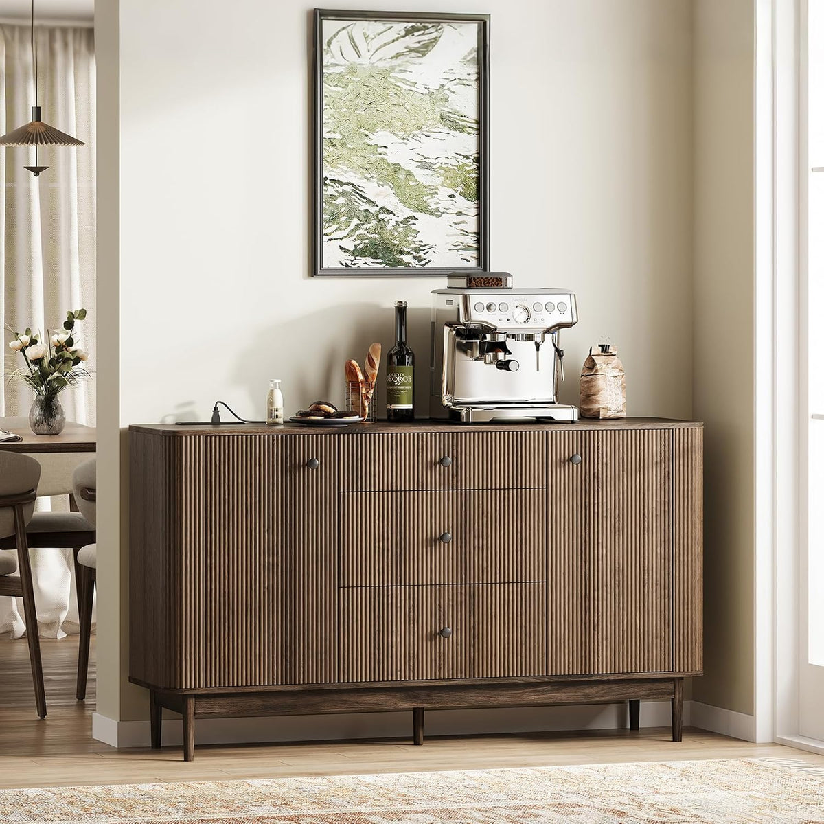 59" Buffet Cabinet with Drawers, Large Fluted Sideboard Buffet Storage Cabinet with Charging Station