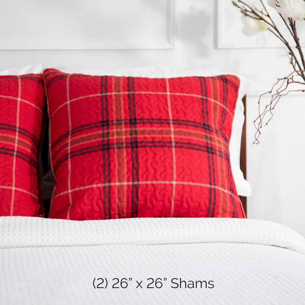 Euro Quilted Pillow Shams Covers 26x26 Inch, Set of 2 Vilano Plaid Red