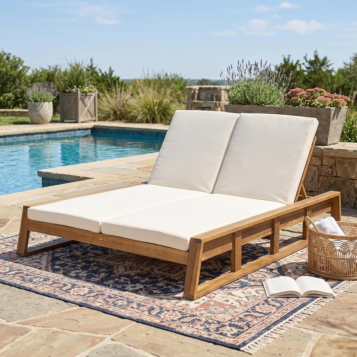 Acacia Wood Outdoor Double Chaise Lounge with Adjustable Backrest Patio Daybed with Thick Cushions Backyard Balcony