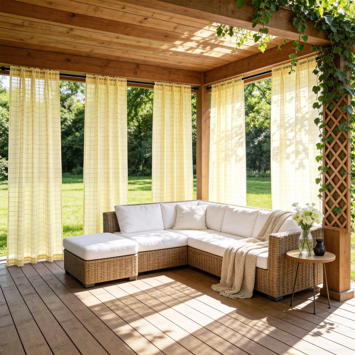 4 Panels Outdoor Sheer Curtains, Jacquard Check Curtains Waterproof, Indoor Outdoor Drapes for Gazebo Pergola