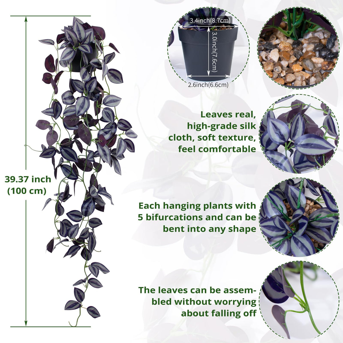 2Pack Small Fake Hanging Purple Plant Artificial Potted Plants Indoor 39-in Long Faux Dark Black Vine Plant for Shelf