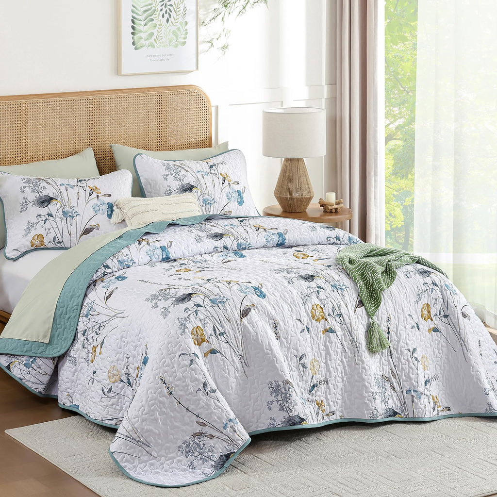 Teal Quilt Set Queen, Floral Boho Bedspread 3 Pieces