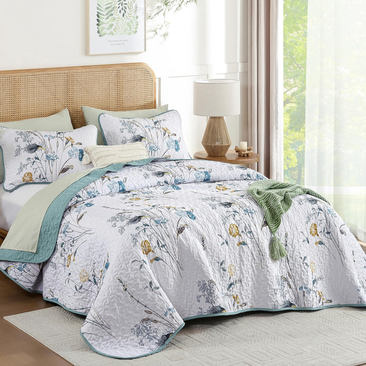 Teal Quilt Set Queen, Floral Boho Bedspread 3 Pieces