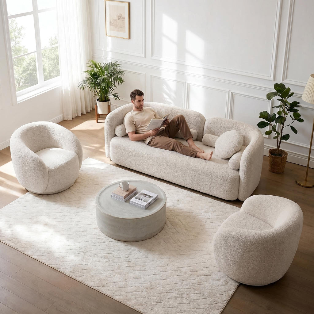 3-Piece Curved Sofa Set, Beige Boucle with Swivel Chairs